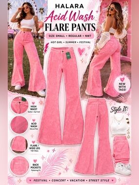Halara Pink Acid Wash Flare Pants High Waisted Wide Leg Size S NWT